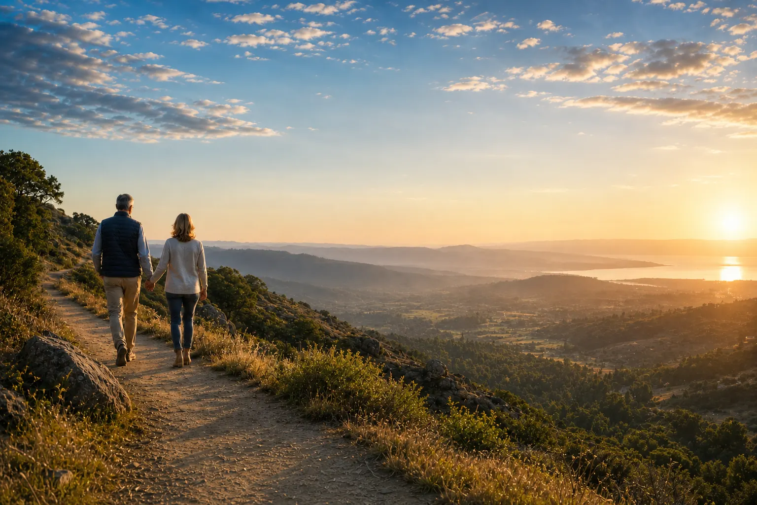 A couple walking hand in hand along a golden ridge trail at sunset, overlooking the valley below